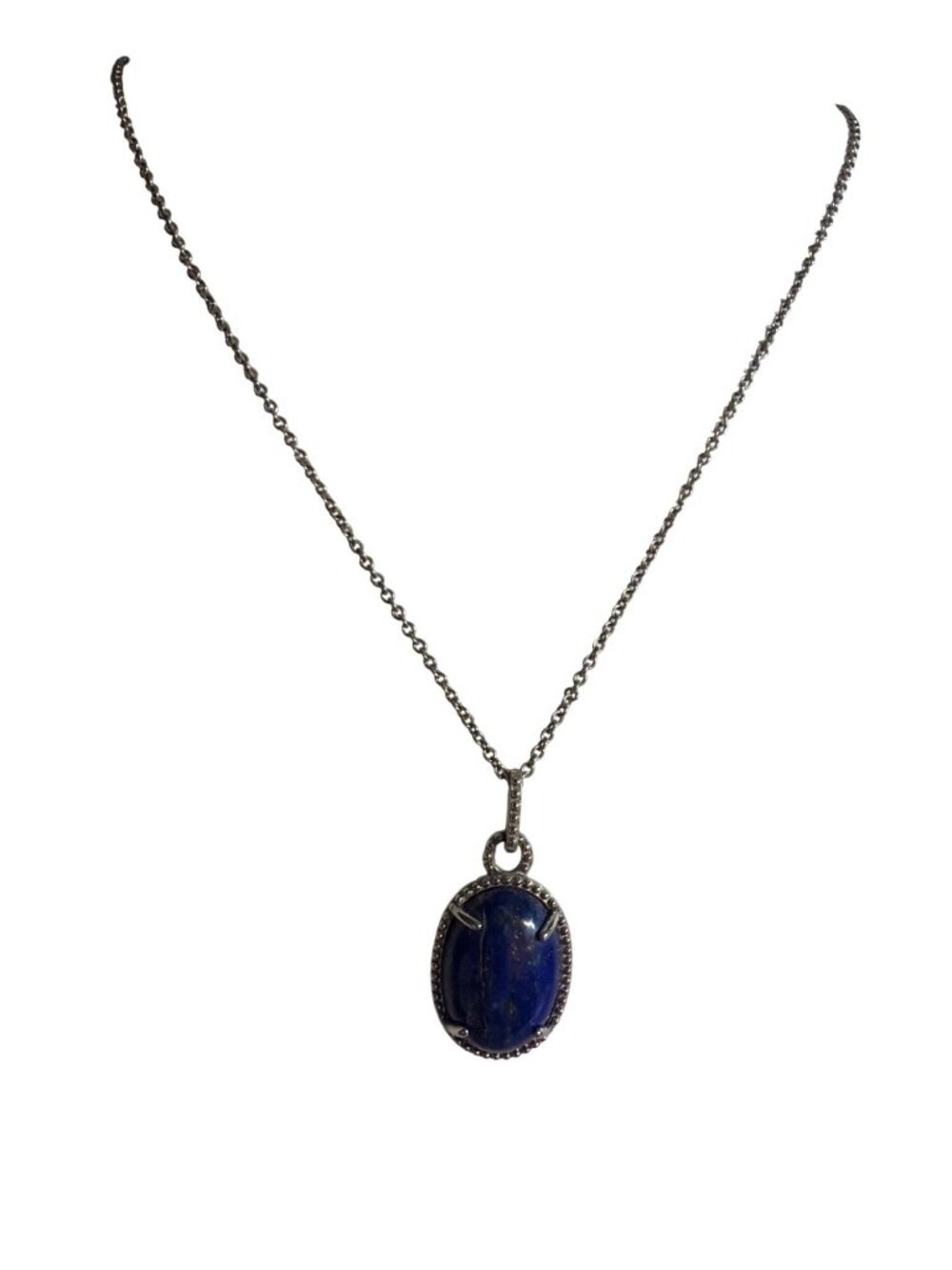 Silver Tone Pendant Necklace Lapis Lazuli Oval Lightweight Classic 20"